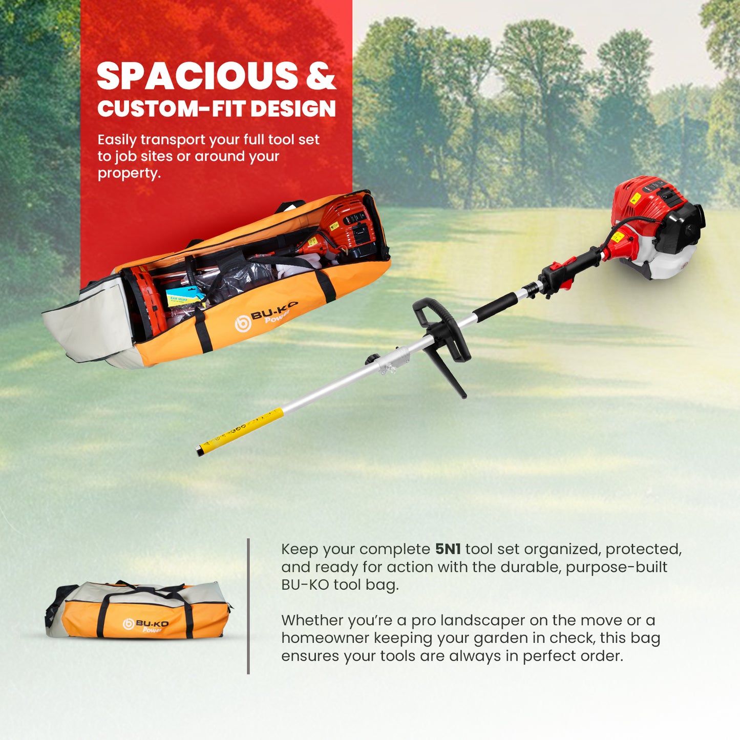 Grade 52cc Petrol Garden Multi Tool, 3 Poles, Toolbag, Strimmer, Hedge Trimmer, Pruner, Brush Cutter