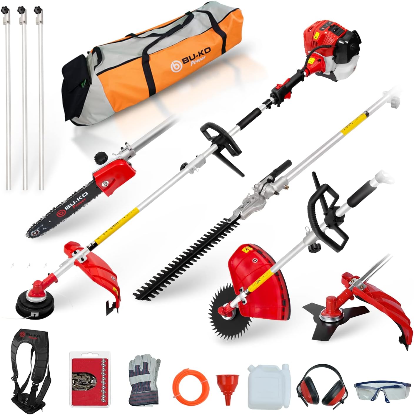 Grade 52cc Petrol Garden Multi Tool, 3 Poles, Toolbag, Strimmer, Hedge Trimmer, Pruner, Brush Cutter